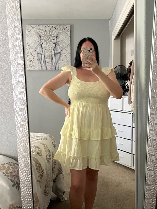 Dresses & Skirts - Pastel Spring Yellow Tiered Ruffle Smocked Flutter Sleeve Mini Dress M Medium